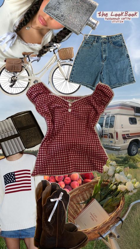 midwestern inspired country southern belle lana del rey look 😈 (the lookbook outfit) staples: gingham flow top, jorts, USA sweater, ribboned braids Southern Belle Outfit, Lana Concert, Lana Vibes, Outfit Staples, Americana Summer, Usa Sweater, Ribbon Braids, Dream Aesthetic, Clothing Staples