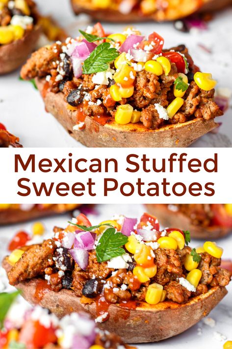 Loaded Taco Sweet Potato, Stuffed Sweet Potato Taco, Sweet Potato Taco Boats, Sweet Potato Boat Recipes, Sweet Potato Boats Healthy, Sweet Potato Taco Boat, Loaded Sweet Potatoes Recipes, Sweet Potato Bar Toppings, Taco Sweet Potato Boats