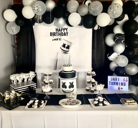 Marshmello party Marshmellow Theme Birthday Party, Marshmallow Theme Party, Marshmello Party Decoration, Fortnite Marshmello Party Ideas, Dj Marshmallow Party Ideas, Marshmallow Party Ideas, Dj Marshmello Party Ideas, Cholo Party Decorations, Marshmallow Birthday