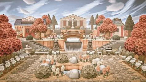 Animal Crossing Island Ideas Plaza, Entrance Animal Crossing, Acnh Museum, Animal Crossing Island Inspo, Plaza Design, Acnh Cottagecore, Animal Crossing 3ds, Animal Crossing Funny, Shopping District