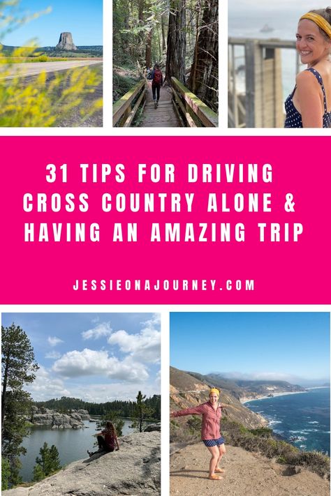 Pinterest pin that reads tips for driving cross country alone and shows photo of women traveling solo. Driving Cross Country, Driving Across Country, Solo Road Trip, Tips For Driving, Usa Roadtrip, Cross Country Trip, Cross Country Road Trip, Road Trip Hacks, Road Trip Planning