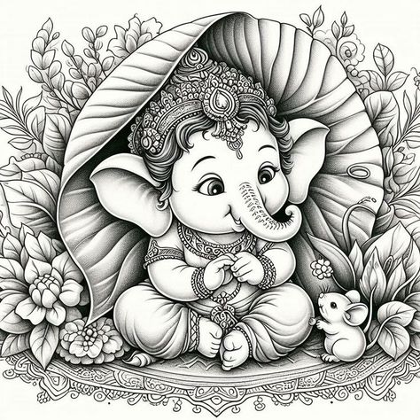 Lord Ganesha Mandala Art, Cute Ganesha Drawing, Ganpati Bappa Drawing, Ganesha Sketch, Ganesha Artwork, God Drawing, Bhole Nath, Ganesha Drawing, Naruto Sketch Drawing