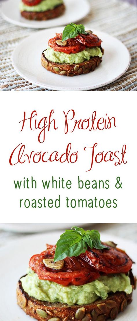 This amazing high protein avocado toast with white beans and roasted tomatoes is a delicious gluten free, vegan breakfast or snack for any time of day. Dairy Free Protein Breakfast, Protein Breakfast Low Carb, Gluten Free Vegan Breakfast, Low Carb Vegan Breakfast, Dairy Free Low Carb, Healthy Protein Snacks, Clean Vegan, Avocado Recipes, Toast Recipes