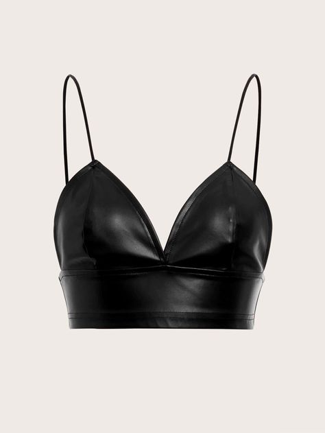 Black Sexy Collar  PU Leather Plain Cami Embellished Non-Stretch  Women Tops, Blouses & Tee Leather Bra Outfit, Black Bra Top Outfit, Black Leather Top Outfit, Leather Crop Top Outfit, Black Leather Outfits, Leather Top Outfit, Leather Tops Women, Black Leather Crop Top, Black Bra Top