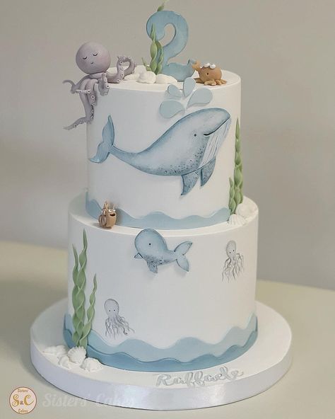 Sea Animals Birthday Theme, Ocean Theme 1st Birthday Boy, Ocean First Birthday Boy, Sea Animal Cake, Sea Animal Birthday Party, Sea Animal Birthday Cake, Birthday Cake Ocean Theme, Sea Birthday Cake, Whale Cake