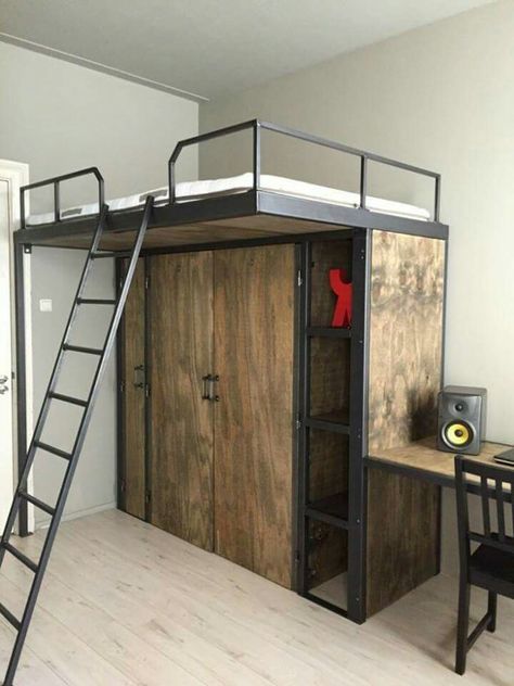 Build A Loft Bed, A Loft Bed, Industrial Bedroom Design, Casa Hobbit, Diy Loft Bed, Industrial Bedroom, Tiny Bedroom, Bedroom Loft, Small Room Bedroom