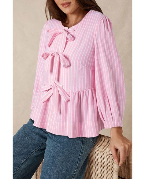 ✨ Elevate your style with a pop of pink! 💖 This Pink Striped Print Sweet Bow Tie Blouse is your new go-to for that perfect blend of chic and playful. Perfect for brunch dates or office looks, it’s versatile and oh-so-adorable! 🌸 Grab yours now for just $42.99 and step into the spotlight! 🙌✨ #FashionGoals #OOTD #StyleInspo #BlouseLove #PinkVibes #ChicAndTrendy #Fashionista #WardrobeEssentials #BowsAndStripes #ShopNow Pink Summer Blouse With Bow Detail, Classic Pink Top With Striped Collar, Short Sleeve Cotton Top With Pink Bow, Relaxed Fit Printed Pink Blouse, Pink Button-up Blouse With Ruffles, Bow Tie Blouse, Tie Blouse, Puff Sleeve Blouse, Blouse Outfit