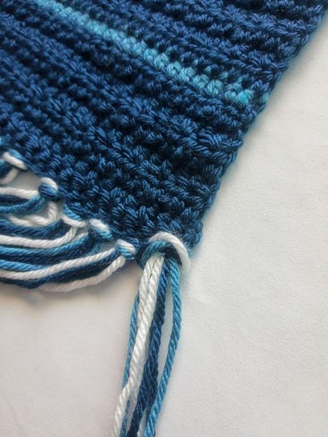 Fringe On Crochet Scarf, Add Fringe To Crochet Scarf, Scarf Fringe Crochet, Add Tassels To Scarf, How To Make Tassels With Yarn For Scarf, Tassles On Crochet Scarf, Crochet Scarf Fringe Ideas, Crochet Scarf With Fringe, How To Add Fringe To A Scarf