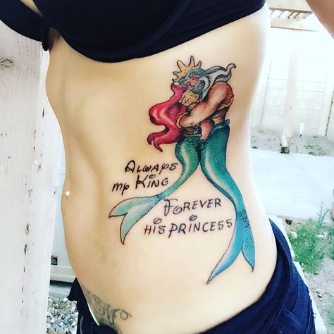 My new father daughter tattoo. Princess Ariel and King Triton #LittleMermaid #Tattoo #Disney #Ariel #FatherDaughter Ariel And King Triton, Father Daughter Tattoo, Parent Tattoo, Dad Daughter Tattoo, Ariel Tattoo, Tattoos For Dad Memorial, Father Daughter Tattoos, King Triton, Bereaved Parent