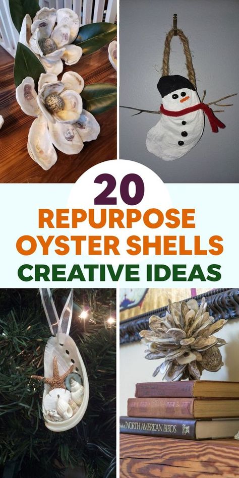 Discover the endless possibilities of repurposing oyster shells with these innovative ideas! Upcycle them into exquisite jewelry pieces by carefully cleaning and polishing the shells, then incorporating them into earrings or necklaces. Embrace a coastal vibe in your space by crafting a one-of-a-kind wreath using oyster shells, adding a hint of seaside allure to your decor. Alternatively, grind the shells and blend them with soil to produce an organic, nutrient-packed fertilizer for your garden. Oyster Shell Projects, Things To Make With Shells Seashells, How To Clean Oyster Shells, What To Do With Oyster Shells, Sea Shell Projects, She’ll Ornaments, Crafts With Oyster Shells, Shell Wreath Diy Seashells, She’ll Crafts