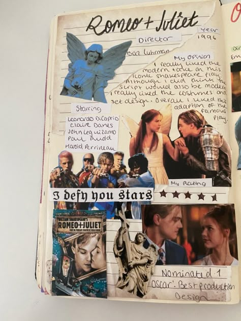 Page in my film journal! Please do not repost or edit :) Romeo And Juliet Scrapbook, Comfort Movies Journal, Film Journal Cover, Film Journal Aesthetic, Bullet Journal Films, Film Journal Ideas, Romeo And Juliet 1996, Series Journal, Juliet 1996