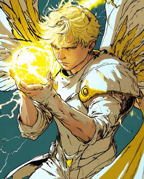 Unleashing yellow lightning power ⚡️ manga warrior with wings and white attire 🌪️ #manga #warrior #blondehair #yellowlightning #wings #whiteclothes #earth #powers #anime #action #fantasy #martialarts #aiart Anime Lightning Powers, Light Powers Aesthetic, Lightning Oc, Angel Powers, Yellow Powers, Warrior With Wings, Lightning Reference, Lightning Warrior, Manga Warrior