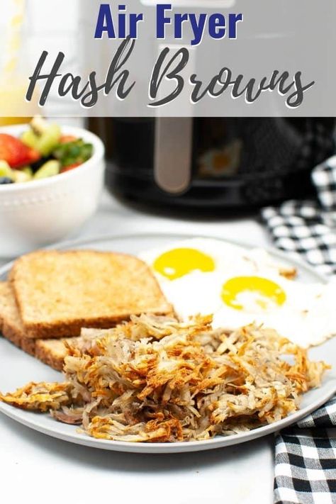 Air Fryer Hash Browns are a crisp, golden brown diner staple that you can make at home. This potato dish is an American classic you will love to make in the air fryer. Air Fry Hashbrown Potatoes, Air Fryer Hashbrowns Shredded, Air Fryer Hashbrowns, Airfryer Potatoes, Potatoes Breakfast, Hash Brown Patties, Homemade Hashbrowns, Breakfast Sides Dishes, Frozen Hashbrowns