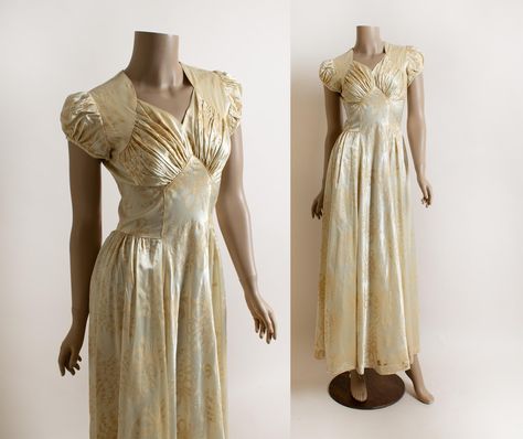 FREE DOMESTIC SHIPPING! <3 ♥ Gorgeous vintage 1930s buttery cream satin floor length dress! ♥ I acquired this from a woman who told me this was (one of!) her mother's wedding dresses! So beautiful!  ♥ Buttons all the way up in the back!  ♥ Short puffed sleeves, and a flattering gathered bust! ♥ Complimentary waistline details! ♥ Beautiful velvety flecked design in bows and florals! Subtle pretty!  ♥ In great condition! There is a quarter sized stain and two smaller ones on the hem in front, see 30s Wedding, 1930s Wedding Dress, Mood Happy, Mother Wedding, Mother Wedding Dress, Antique Wedding, Puff Sleeve Dress, Satin Gown, Current Mood