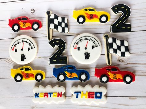 Formula 1 Cookies Decorated, Race Car Cookies Decorated, Two Fast Cookies, Monster Truck Cookies, Car Cookies, 2nd Birthday Party For Boys, 2nd Birthday Boys, Hot Wheels Party, Race Car Birthday Party