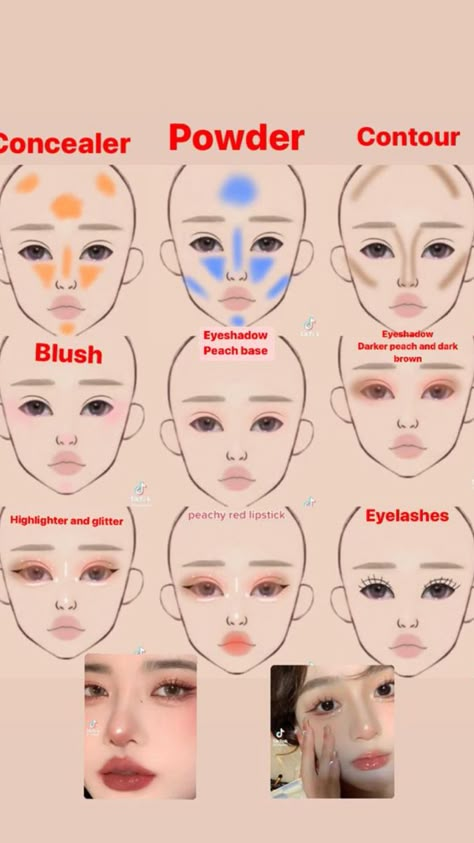 Makeup Guide Step By Step, Where To Place Makeup On Face, No Makeup Makeup Tutorial, Makeup Routine Guide, Make Up Guide, Teknik Makeup, Asian Makeup Tutorials, Makeup Charts, Learn Makeup