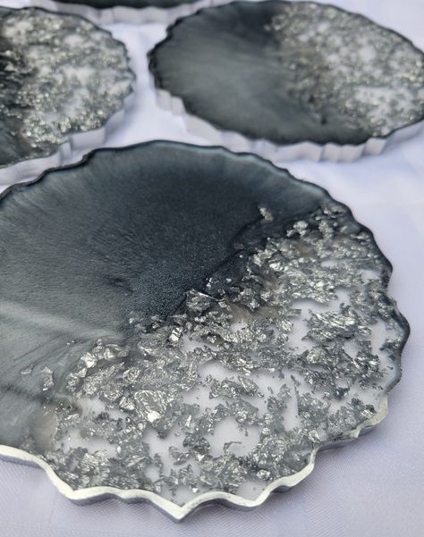 Epoxy Coasters, Silver Coasters, Resin Crafts Tutorial, Resin Coaster, Resin Tray, Tray With Handles, Resin Coasters, Large Tray, Silver Foil