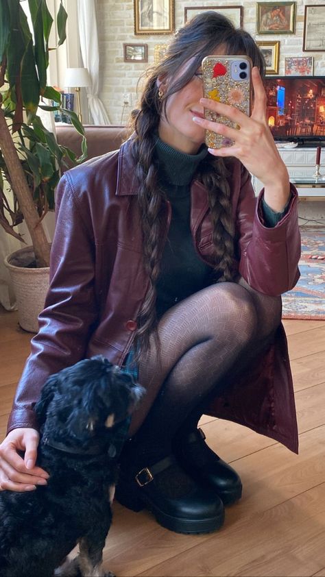 Buffy Fall Outfits, 90s Edgy Aesthetic, Outfits With Leather Coat, Witchy Women Aesthetic, Fall Coat 2023, Red For Fall 2023, Red And Brown Fall Outfits, Red Hair Fall Outfits, Fall Fairy Outfit Ideas