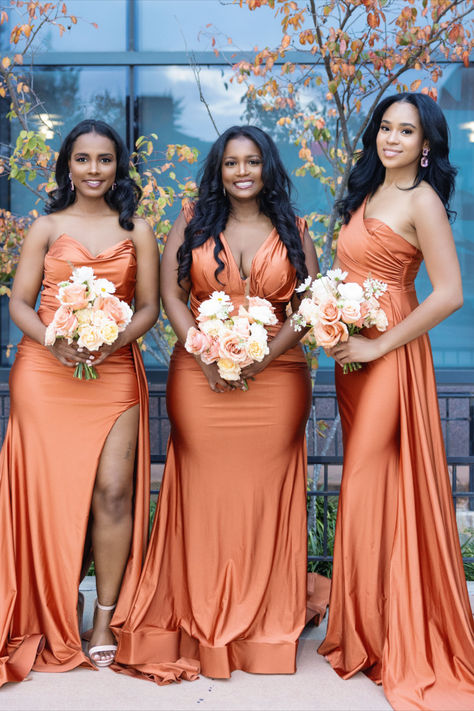 Shop Sienna High Shine, Stretch Satin Gowns on Bridal Babes today. The first size inclusive bridesmaid gowns line. As seen on Shark Tank! Burnt Orange Bridesmaid, Bridesmaid Dresses Mermaid, Bridesmaid Boutique, Satin Mermaid Dress, Burnt Orange Bridesmaid Dresses, Fall Wedding Bridesmaids, Orange Bridesmaid, Orange Bridesmaid Dresses, Bride And Bridesmaids