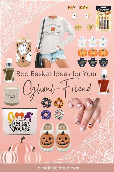 Mood board showing gift ideas to include in a boo basket for your bestie or girlfriend. Boo Basket For Women, Friend Boo Basket, Bestie Boo Baskets, Halloween Gift Baskets For Friends, Basket Gift Ideas For Women, Spooky Basket For Men, Bae Baskets, Boo Basket Ideas For Girlfriend, Boo Basket Ideas For Best Friend