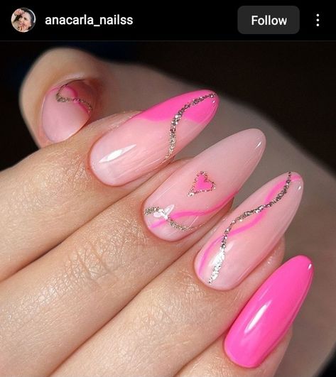 Hot Pink Silver Nails, Hot Pink And Silver Nails Prom, Silver And Hot Pink Nails, Hot Pink And Silver Nails, Pink And Silver Nail Designs, Nail Art Hot Pink, Cute Hot Pink Nails, Glowup Checklist, Pink Silver Nails