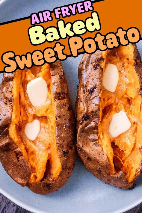 Two baked sweet potatoes with a text title overlay. Potatoes In The Air Fryer, Traditional Baking, Sweet Potato Oven, Nutritious Lunch, Vegetarian Slow Cooker Recipes, Sweet Potato Recipes Baked, Potatoes In Oven, Baked Sweet Potatoes, Vegetarian Soup Recipes