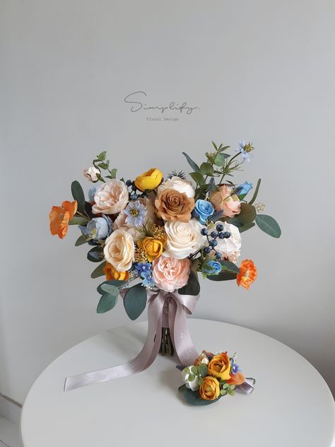 Vintage blue and mustard wedding bouquet Blue And Brown Bouquet, Copper Wedding Bouquet, Dark Blue Wedding Theme, Conference Decor, Mustard Wedding, Sky Wedding, Dark Blue Wedding, Rusting Wedding, Bridal Bouquet Blue