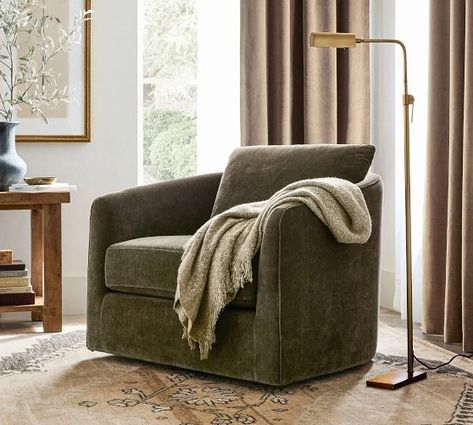 All In-Stock & Quick Ship Furniture | Pottery Barn Bedroom Decor With Couch, Pottery Barn Guest Bedroom, Williams Sonoma Living Room, High Back Swivel Chair, Plaid Accent Chairs, Pottery Barn Swivel Chair, Dark Green Chair Living Room, Unused Space Ideas Living Rooms, Accent Chairs Small Living Room