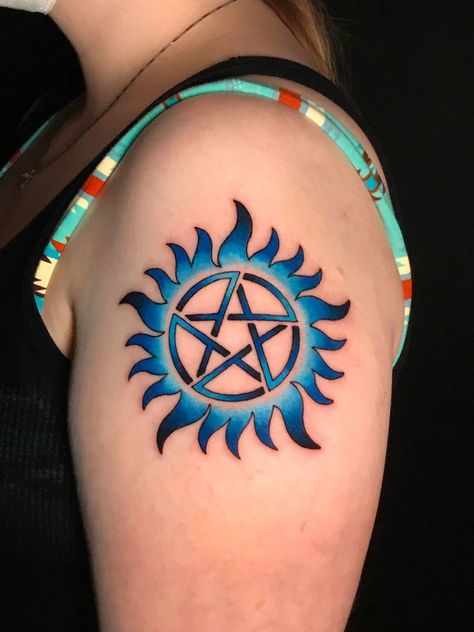 Supernatural Tattoo Ideas, Spn Tattoo, Supernatural Anti Possession Tattoo, Anti Possession Tattoo, Supernatural Anti Possession, Supernatural Symbols, Pentagram Tattoo, Supernatural Tattoo, Demon Tattoo