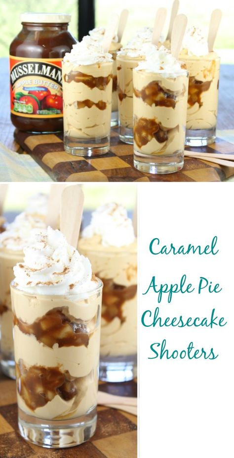 Caramel Apple Cheesecake Shooters Recipe found at Miss in the Kitchen #AppleButterSpin Apple Cheesecake Shooters, Desserts Trifle, Shooters Recipes, Mini Dessert Shooters, Cake Shooters, Lemon Lush Dessert, Dessert Shooters Recipes, Fancy Baking, Cheesecake Shooters