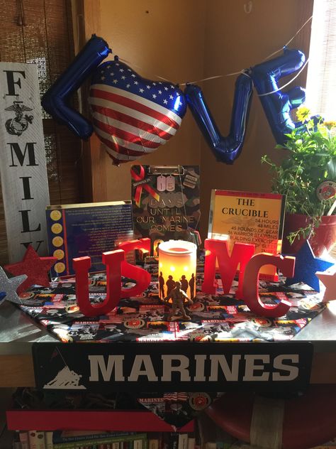 Welcome Home From Bootcamp Party, Marine Centerpieces, Crucible Table Marine, Marine Crucible Table Ideas, Welcome Home Marine Party, Marine Welcome Home Party, Marine Retirement Party, Usmc Retirement Party Ideas, Deployment Party Ideas