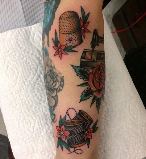 Thread Spool Tattoo, Spool Of Thread Tattoo, Thimble Tattoo, Sewing Tattoo Design, Needle And Thread Tattoo, Sewing Tattoo, Sewing Machine Tattoo, Sewing Tattoos, Chicken Tattoo