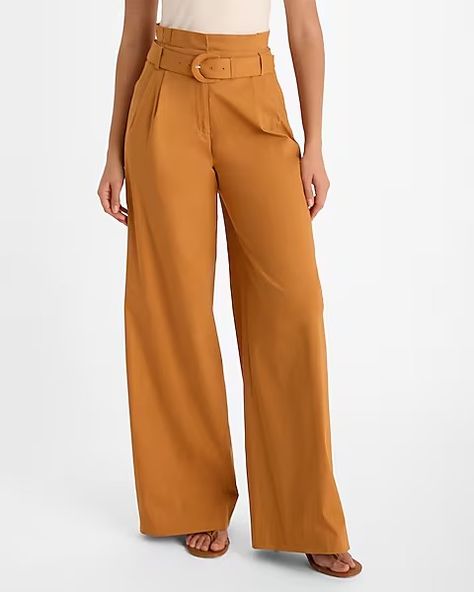 Super High Waisted Belted Paperbag Wide Leg Pant | Express Denim Outfit Women, Womens Palazzo Pants, Womens Denim Skirts, Holiday Dresses Women, Holiday Outfits Women, Fall Trends Outfits, Yellow Pants, Womens Fall Dress, Denim Skirt Women