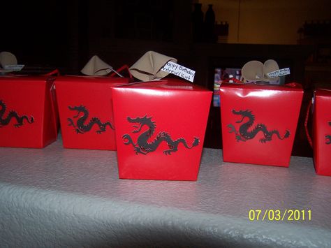 My homemade chinese take out boxes were a cute party favor for my handsome husbands asian themed birthday party! Mulan Birthday Party, Chinese Party Decorations, Asian Party Decorations, Chinese Theme Parties, Mulan Party, Mulan Birthday, Asian Party Themes, Dragon Themed Birthday Party, Kids Party Packs