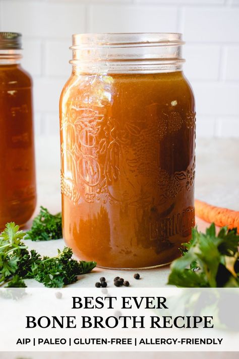 This Gluten-Free Bone Broth recipe is made with simmered beef bones, aromatic vegetables, fresh herbs, black peppercorns, and apple cider vinegar for a nourishing, savory bone broth perfect for soups, sauces, and more! This homemade bone broth is paleo and AIP-friendly. #bonebroth #bonebrothrecipe #bonebrothbenefits #bonebrothsoups #beefbonebroth #chickenbonebroth #aipdiet #guthealth #guthealing #glutenfreebonebroth #paleodiet #paleorecipes #aiprecipes #autoimmuneprotocol #aipbonebroth Bone Broth In Crockpot, Homemade Chicken Bone Broth, Snacks For Keto Diet, Keto Sweet Snacks, Go Foods, Low Sodium Recipes Heart, Keto Friendly Snacks, Making Bone Broth, Best Keto Snacks