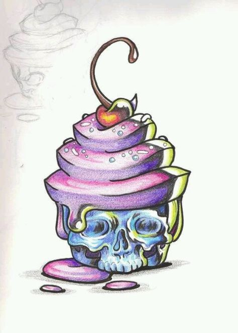 Horror cupcake, I would get this as a tattoo for a few reasons of my own. Cupcake Tattoo, Horror Cake, Skull Cupcakes, Cupcake Tattoos, Cupcake Drawing, Arte Doodle, New School Tattoo, Desenho Tattoo, Tattoo Flash Art