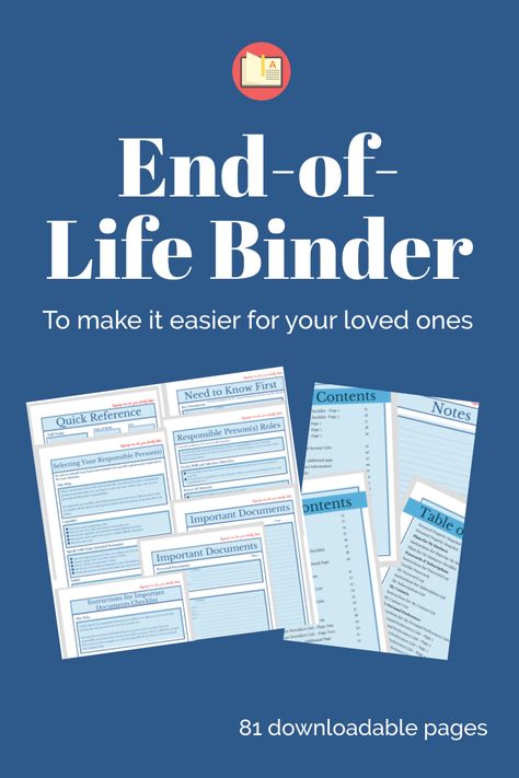 This editable and fillable printable 83-page End-of Life Checklist Binder provides your loved ones with everything they need to know to care for you and your affairs if you are ill and once you have passed. These worksheets allow you to share your personal wishes, the location of critical documents and all the details your loved one need to handle your affairs. You can choose to edit and fill in the information in the pdf or print the pdf and then complete by hand. Checklists cover information i Life Binder Categories, Life Binder Printables, Life Checklist, Life Organization Binder, Bills Checklist, Blue Chips, Estate Planning Checklist, Retirement Advice, Binder Printables