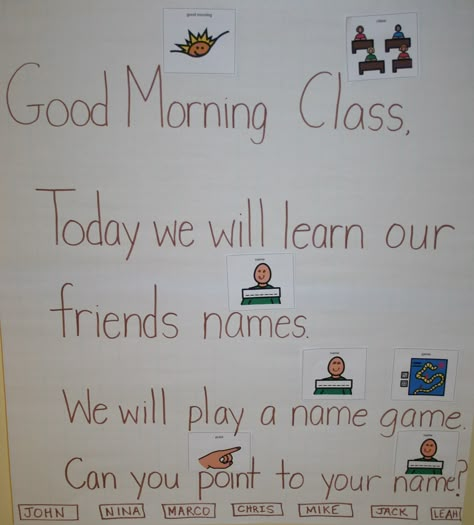 This message is from a Special Education, Speech Delayed, classroom where the teacher uses pictures from Boardmaker to help her communicate with her students. (Photo from Ridgeway Elementary School, White Plains, NY.) Preschool Message Board Ideas, Morning Message Preschool, Preschool Morning Meeting Board, Prek Morning Message, Morning Meeting Special Education, Morning Message Prek, Morning Meeting Messages Kindergarten, Responsive Classroom Morning Meeting Kindergarten, Morning Message Kindergarten