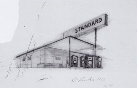 Ed Ruscha Gas Station Drawing Ed Ruscha, Painting Unique, Modern Forms, Urban Landscape, Gas Station, Black Art, Triangle Tattoo, Game Art, Cool Art