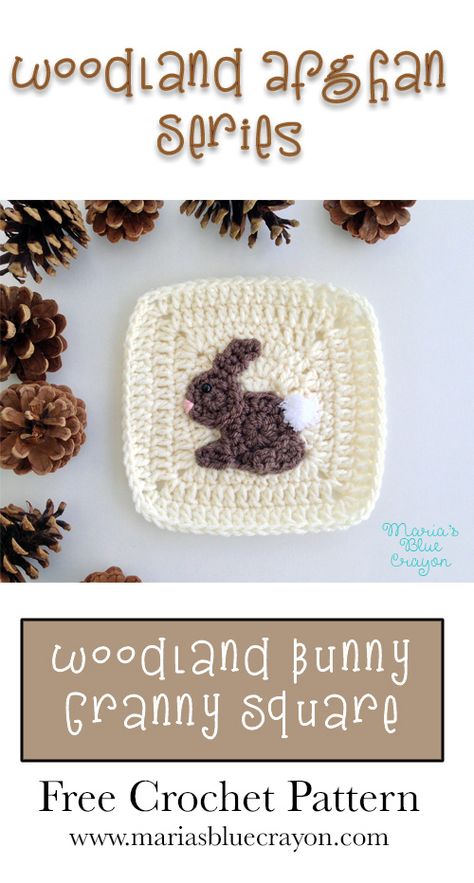 Woodland Bunny Granny Square | Woodland Afghan Series | Free Crochet Pattern Crochet Deer Applique, Bunny Granny Square, Free Bunny Crochet Pattern, Crochet Woodland, Bunny Applique, Squares Crochet, Hantverk Diy, Woodland Bunny, Crochet Deer