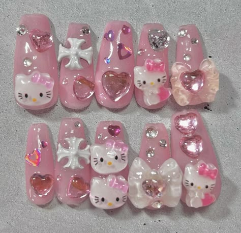 Hello Kitty Nails Press On, Hello Kitty Press Ons, Press On Nails Hello Kitty, Hello Kitty Themed Nails, Hello Kitty Press On Nails, Hello Kitty Nails Design, Acrylic Nail Charms, Pink Hello Kitty Nails, Uñas Hello Kitty