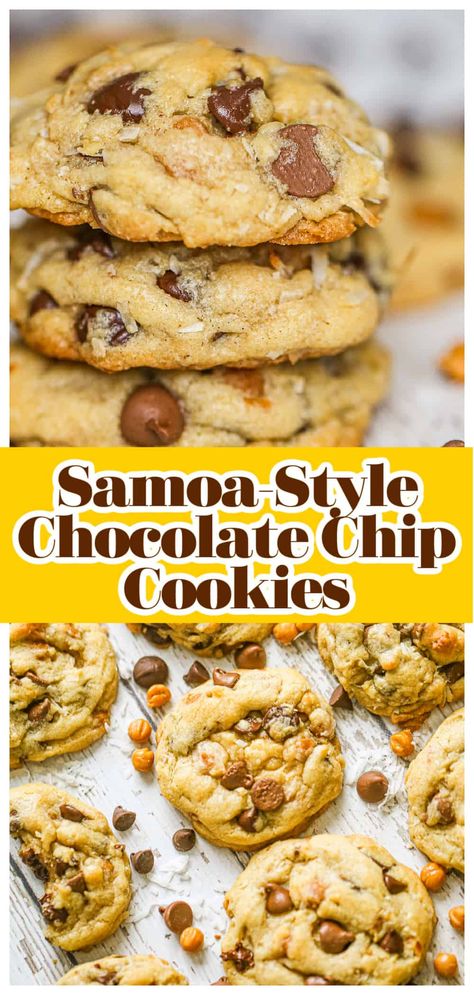 These homemade, gooey Samoa-style chocolate chip cookies are the best ever! They’re made with sweetened coconut, caramel bits and chocolate chips galore!  Bake up an easy modern twist on the iconic Samoa Girl Scout cookies with this easy DIY samoa cookie recipe. Caramel Chip Cookies, Samoa Cookies Recipe, Best Vegan Cookie Recipe, Coconut Caramel Cookies, Homemade Chocolate Chip Cookies Recipe, Best Vegan Cookies, Samoa Cookies, Coconut Chocolate Chip Cookies, Caramel Bits