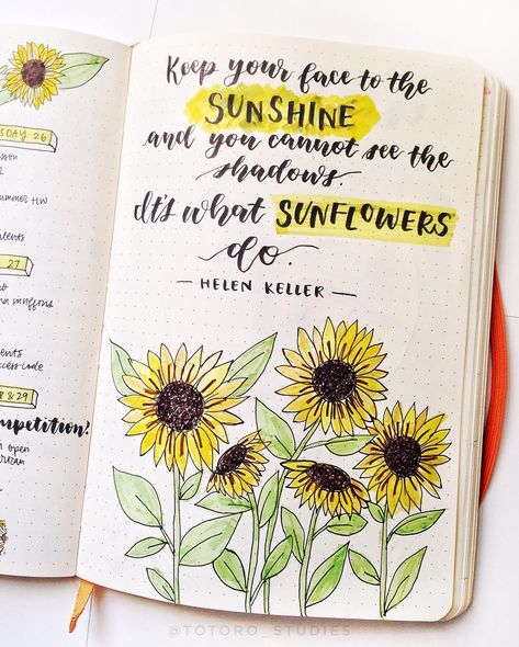 2nd part of sunflower spread!! 🌻🌻🌻 Whoops I forgot to post this after the 1st page of the spread. 🤷🏻‍♀️ this was inspired by… 1st Page Of Sketchbook Ideas, 1st Page Of Journal Ideas, Bullet Journal Health, Positive Journal, Sunflower Journal, Bullet Journal August, March Bullet Journal, Sunflower Quotes, January Bullet Journal