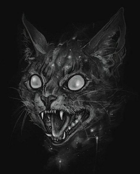 Undead Cat Art, Evil Cat Art, Creepy Cat Pictures, Demonic Animals, Evil Cat Tattoo, Black Cat Art Illustration, Cat Face Tattoos, Cat Horror, Cat Demon