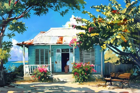 Caribbean House Print Gift from Caribbean Caribbean House, Beach Shacks, Print Techniques, Real Painting, Caribbean Homes, Caribbean Style, House Print, Caribbean Art, Flower Art Painting