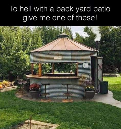 Silo Repurposed, Rustic Outdoor Structures, Bin Gazebo, Grain Bin House, Grain Bins, Paver Patios, Silo House, Grain Silo, Backyard Gazebo