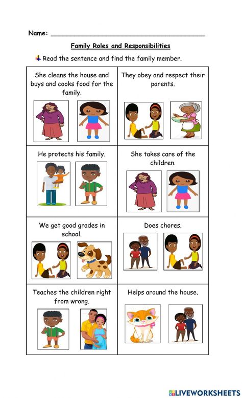 Family Roles and Responsibilities worksheet Roles And Responsibilities Grade 1, Family Roles Activity, Family Responsibility Quotes, Family Roles Worksheet, Good Or Bad Choices Worksheet, Evs Tlm, Family Members Worksheet, Values Clarification, Halloween Math Worksheets