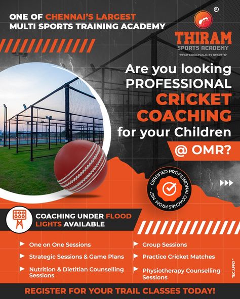 Thiram Sports Academy | Professional Cricket Coaching at Semmanchery, OMR, Chennai Professional Coaching, Cricket Academy, Cricket Field, Travel Brochure Design, Cricket Coaching, Sports Academy, Cricket Poster, Training Academy, Cricket Match