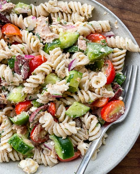 Mediterranean Tuna Pasta Salad | PrimalGourmet December Food, Pasta Fusilli, Mediterranean Tuna, Tuna Pasta Salad, Piquillo Peppers, Tuna Salad Pasta, Mediterranean Pasta, Pasta Salad Dressing, Fusilli Pasta