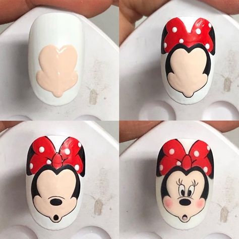 Mickey Mouse Nail Art Step By Step, Disney Nails Step By Step, Cartoon Nail Art Step By Step, Cartoon Art Nails, Nails Art Designs Summer, Mickey Nail, Summer Nails Art Designs, Disneyland Nails, Cartoon Nail Designs